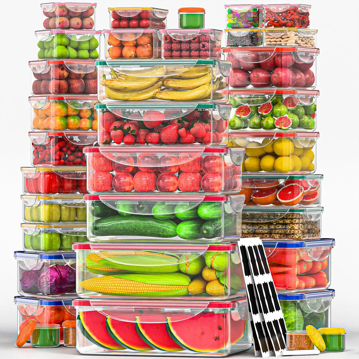 RockBerry 70-Piece containers set with lids, clear view for organized meal prep.