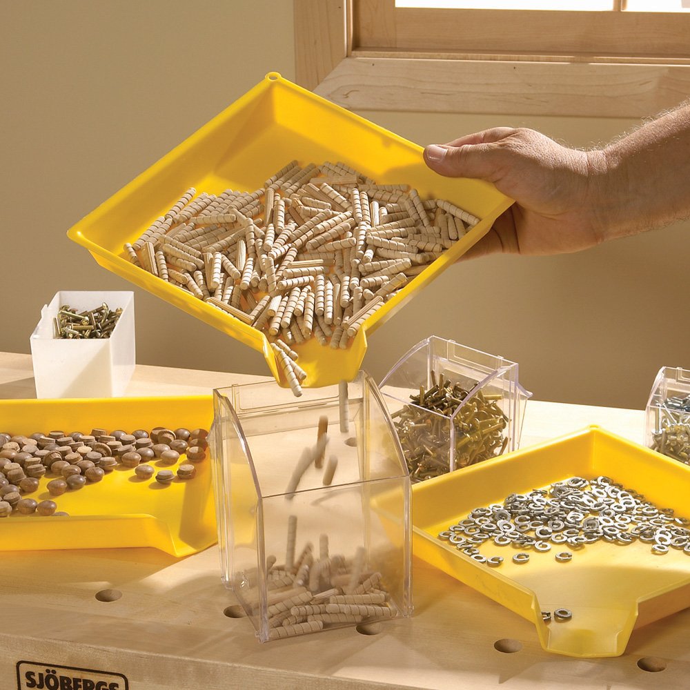 Rockler Easy Sorter Funnel Tray with built-in funnel spout reduces spills during part returns.