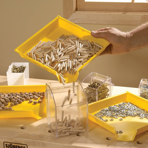Rockler Easy Sorter Funnel Tray with built-in funnel spout reduces spills during part returns.