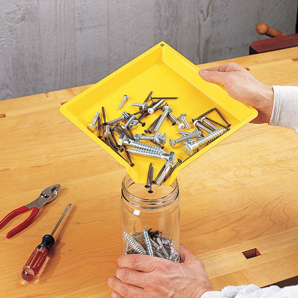 Rockler Easy Sorter Funnel Tray yellow stackable saves bench space in shops.