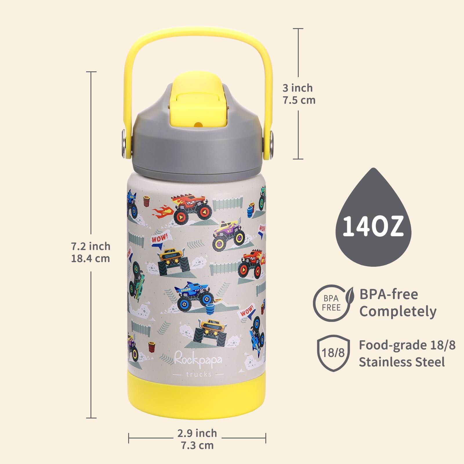 Rockpapa BPA-free stainless steel 14oz bottle, durable hydration for kids