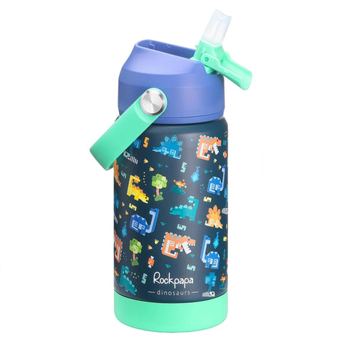 Rockpapa kids insulated water bottle with straw in blue dinosaur design for school hydration