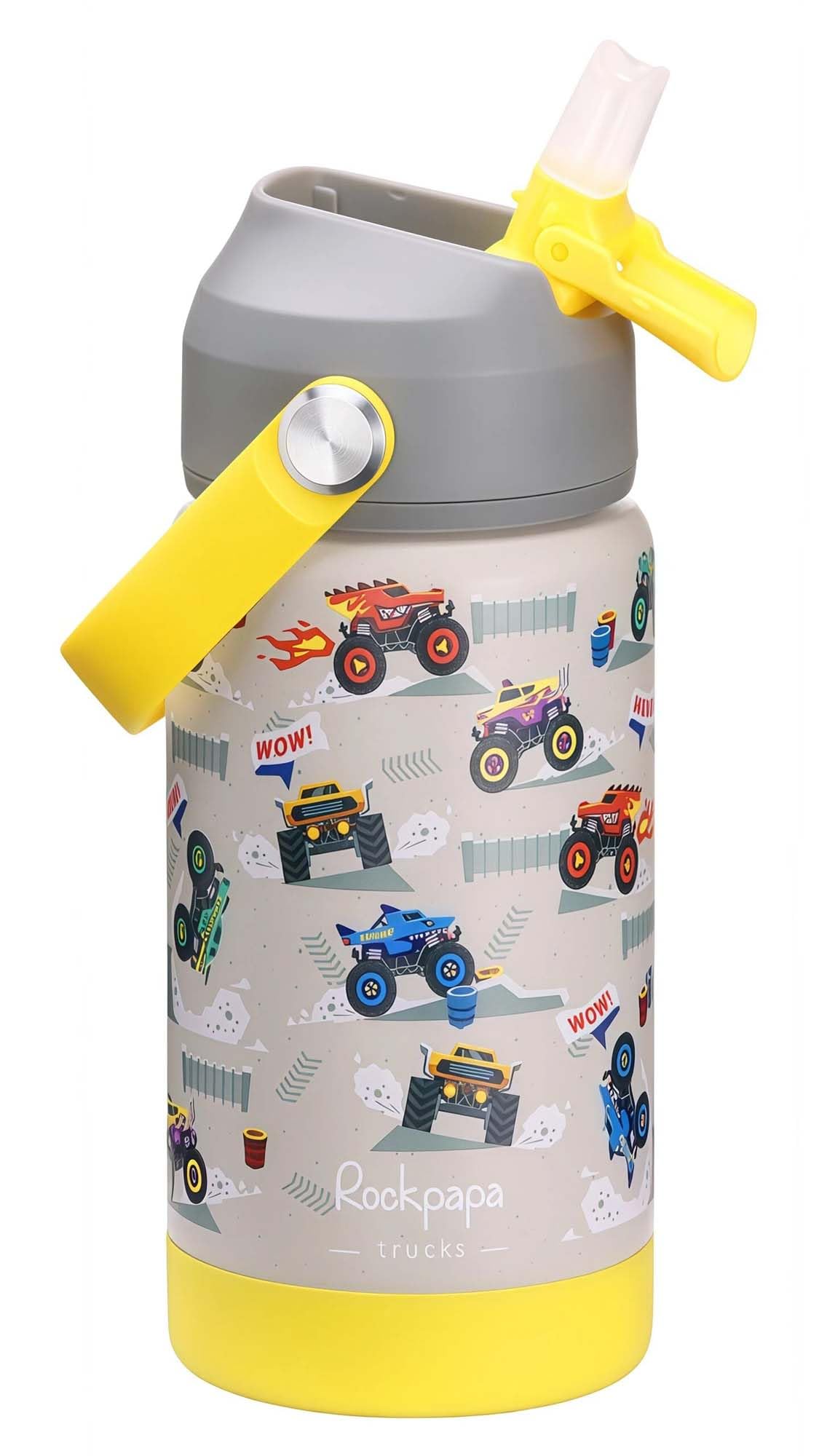 Rockpapa kids insulated water bottle with straw in grey trucks design keeps drinks cold at school