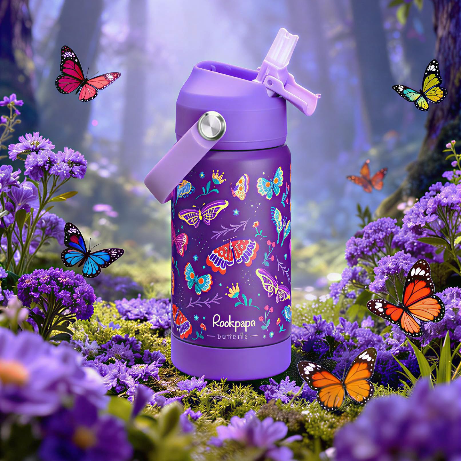 Rockpapa purple butterfly design helps the bottle stand out at school.