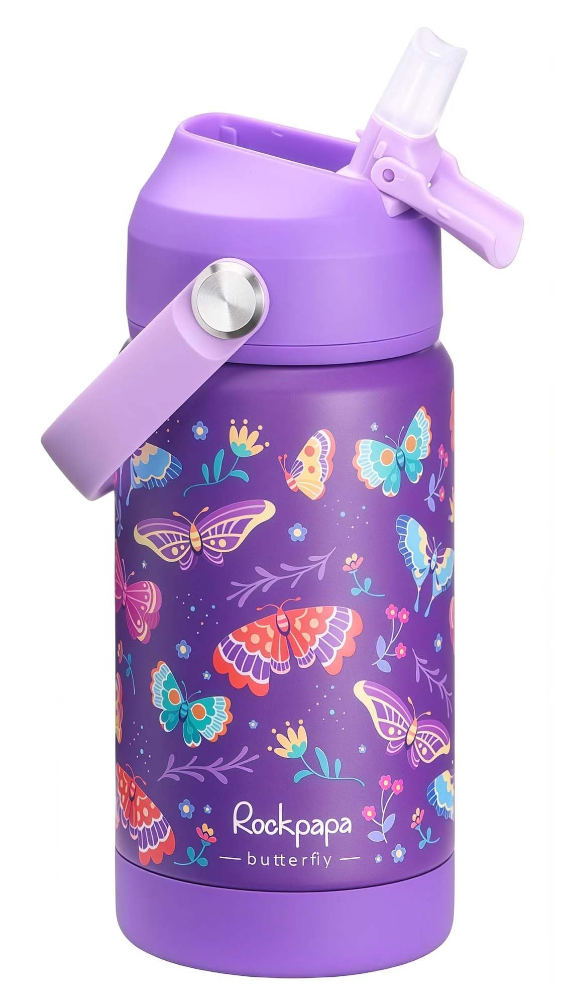 Rockpapa kids bottle with straw and purple butterfly design for on-the-go hydration.