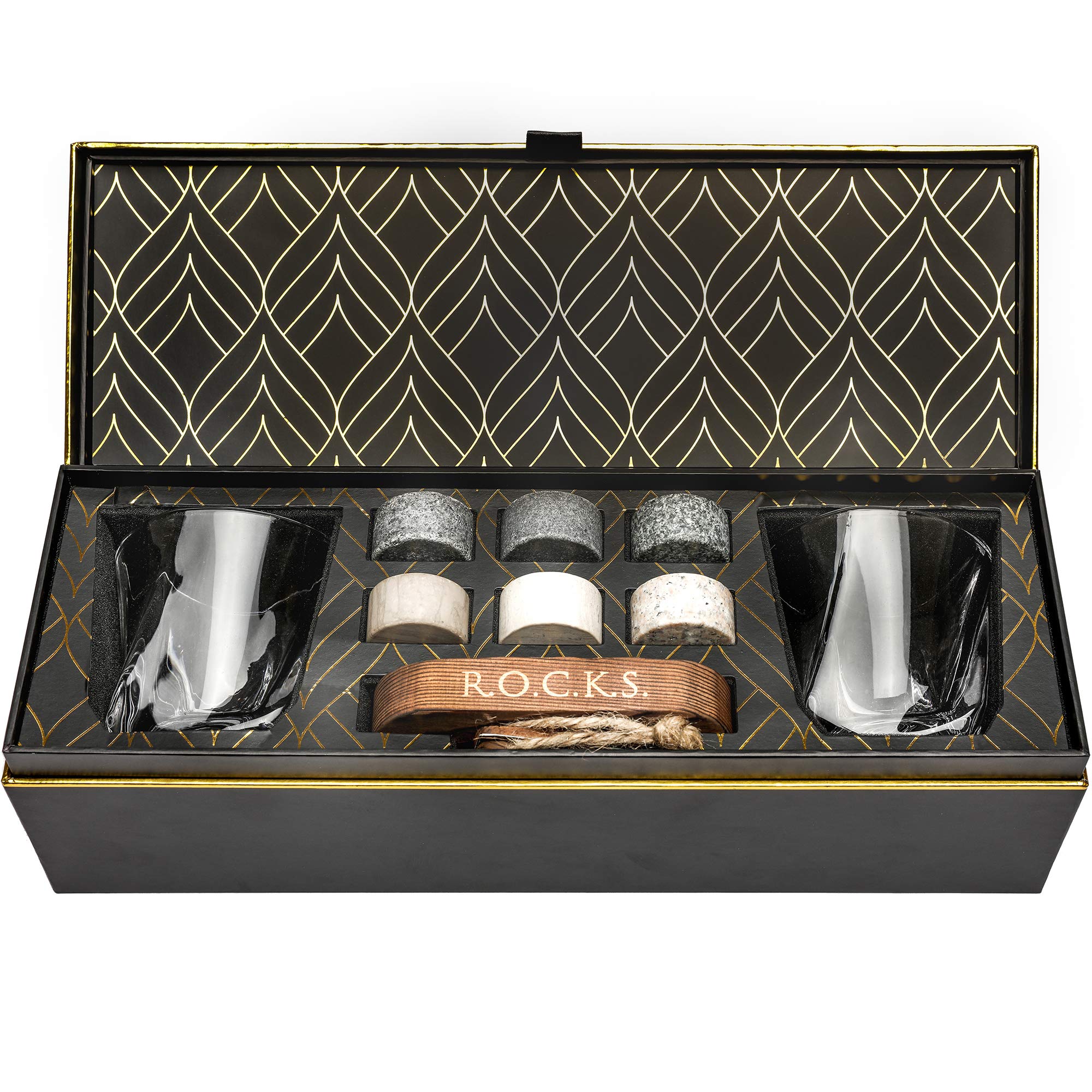 ROCKS Whiskey Chilling Stones set with six stones and glasses for premium non-diluting cooling