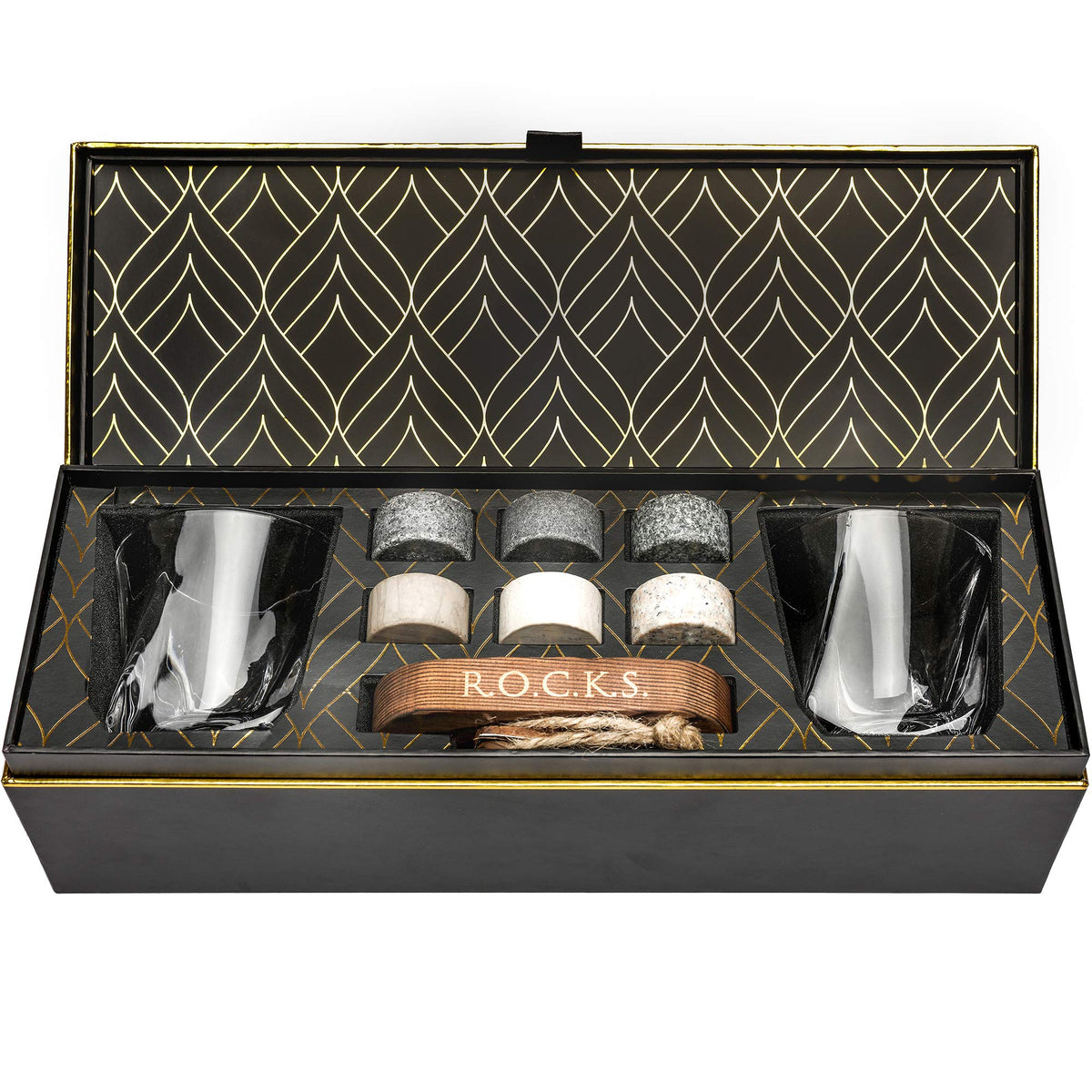 ROCKS Whiskey Chilling Stones set with six stones and glasses for premium non-diluting cooling
