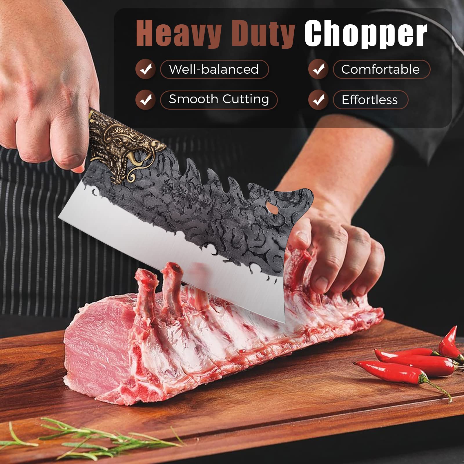 ROCOCO bone chopper emphasizes heavy-duty blade for fast, clean cuts.