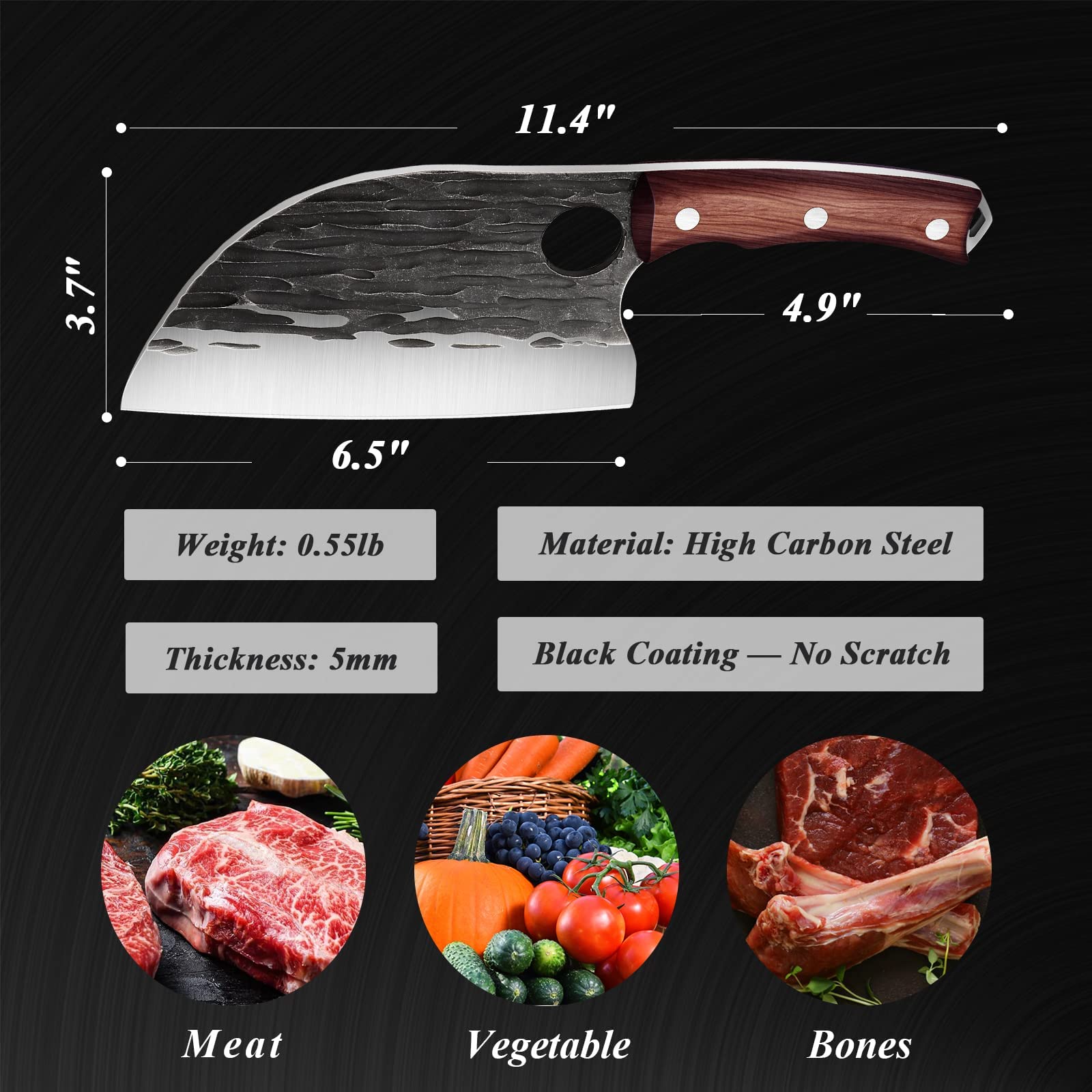 Rococo boning cleaver sourwood handle close-up for grip.