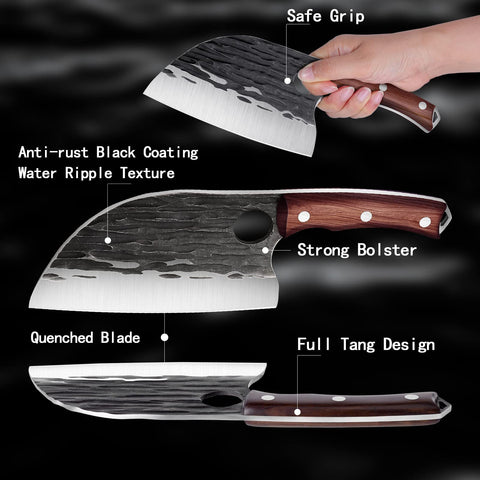 Rococo butcher cleaver thick blade close-up for strength.