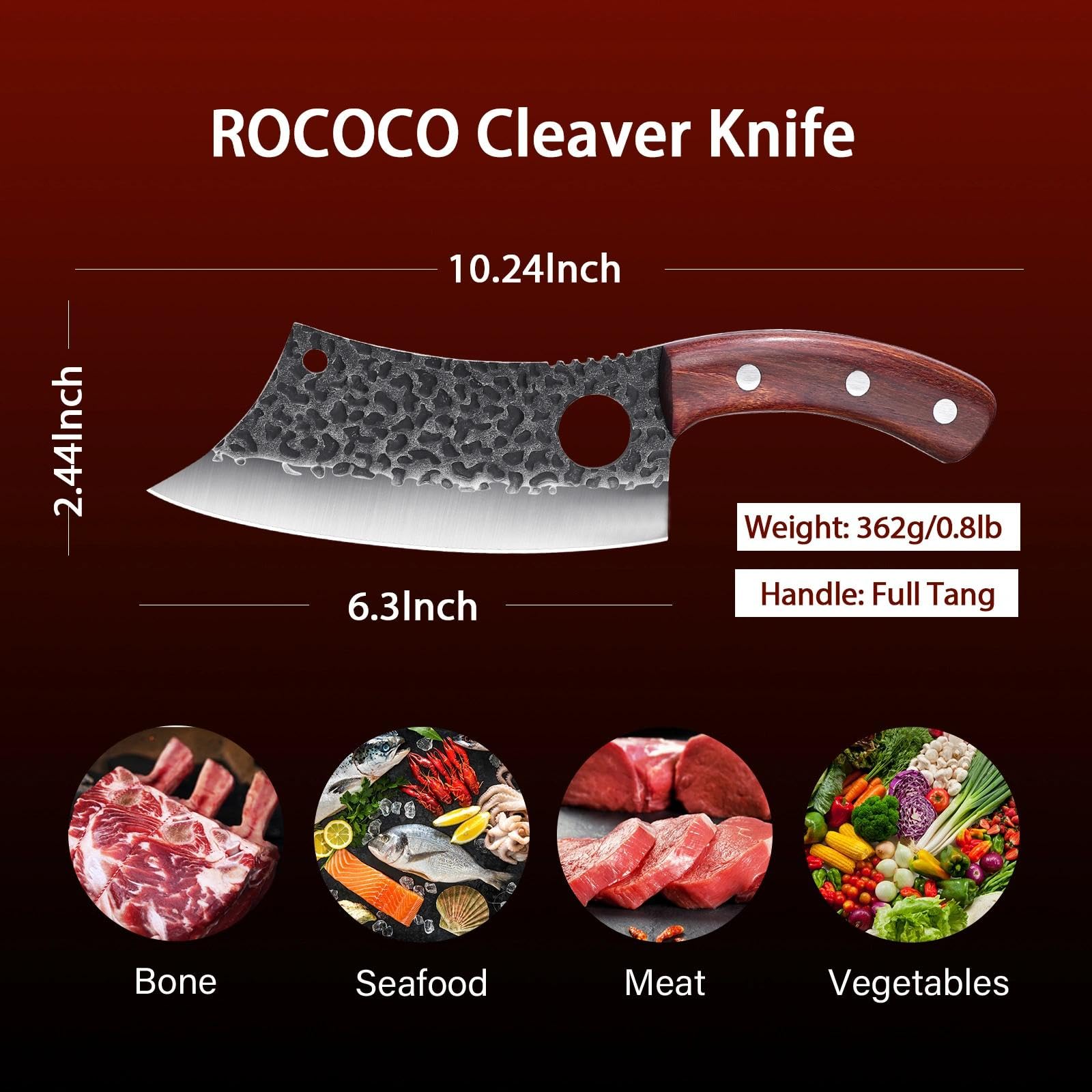 Rococo kitchen multiuse knife in cutting action.