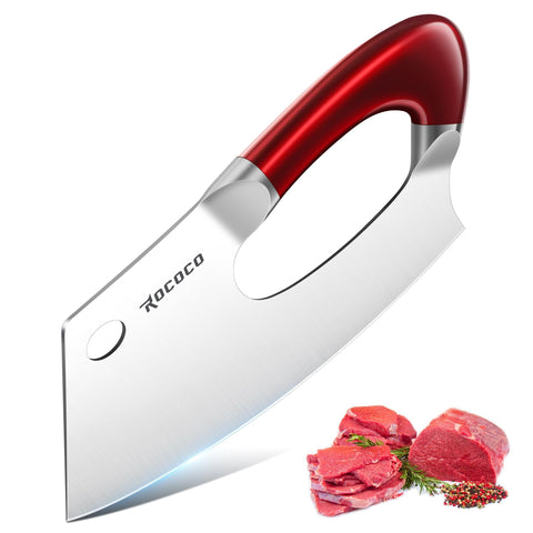 ROCOCO meat cleaver blade close-up highlighting razor edge for precise slicing.