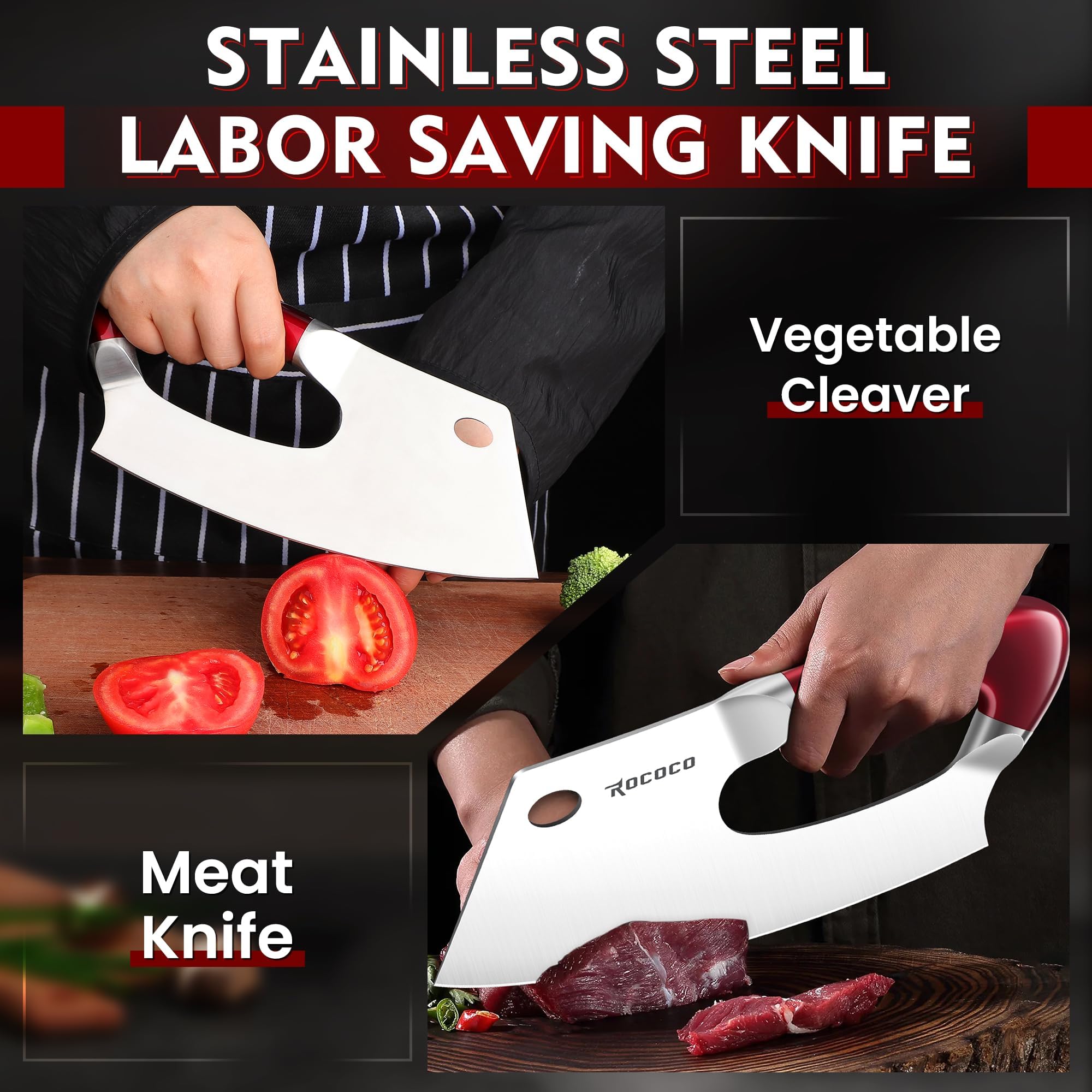 ROCOCO cleaver with ergonomic red handle for comfortable, labor-saving use.