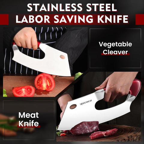 ROCOCO cleaver with ergonomic red handle for comfortable, labor-saving use.