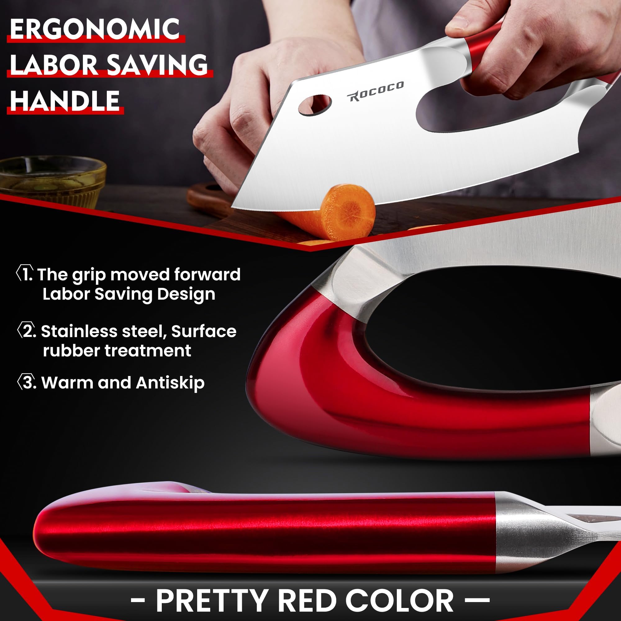 ROCOCO heavy-duty cleaver easily handles tough meat prep.