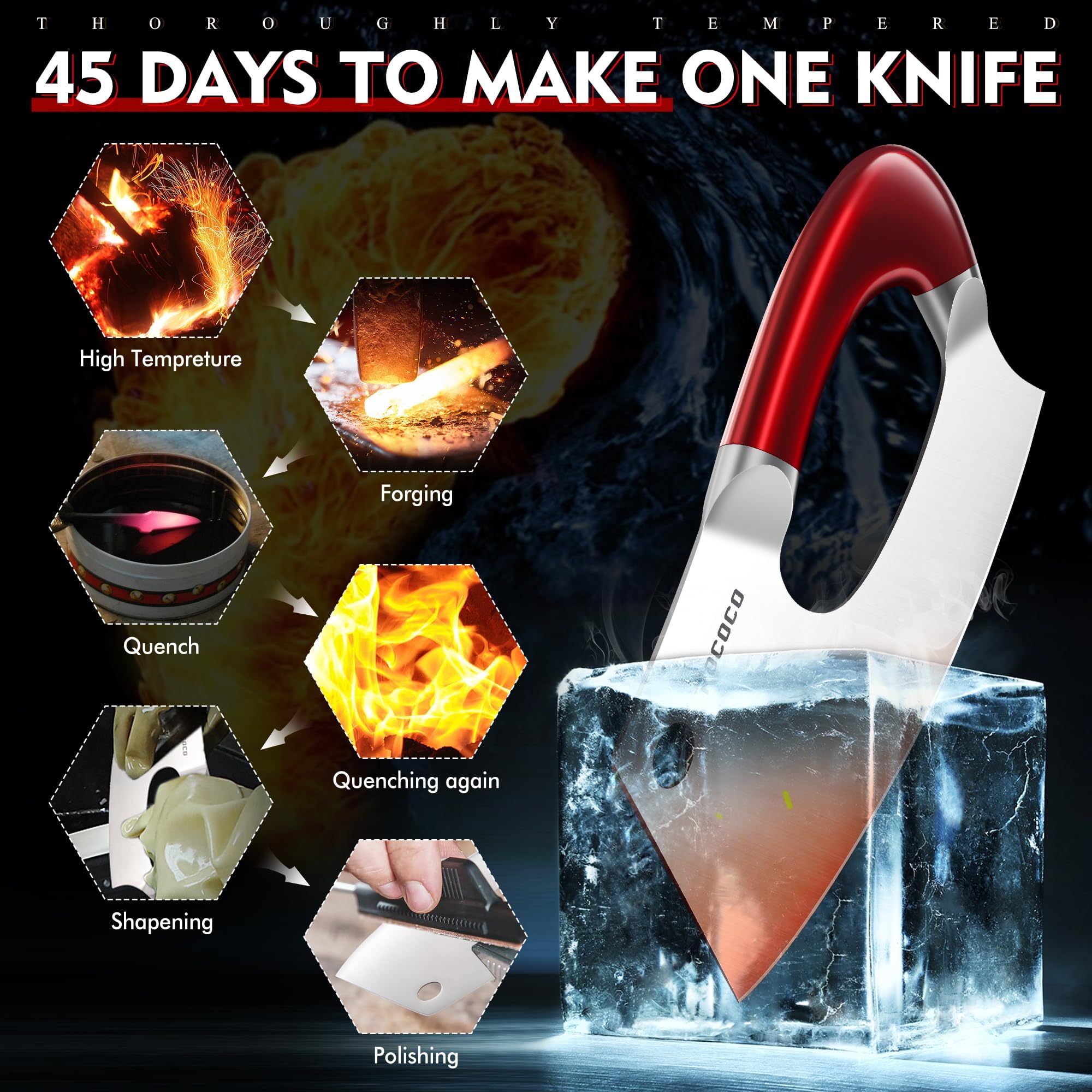 ROCOCO meat cleaver in action cutting vegetables and meat.