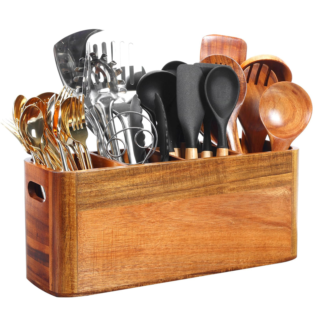 Rodelna acacia wood utensil holder front view showing four organized compartments for clutter-free counters.