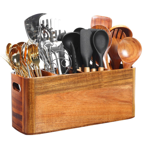Rodelna acacia wood utensil holder front view showing four organized compartments for clutter-free counters.
