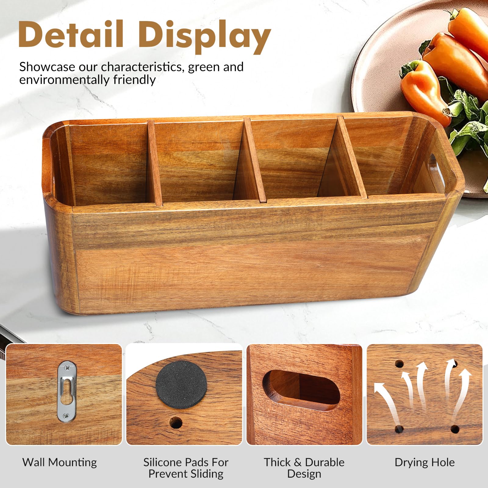 Rodelna acacia wood utensil holder in use with spatulas and spoons neatly organized.