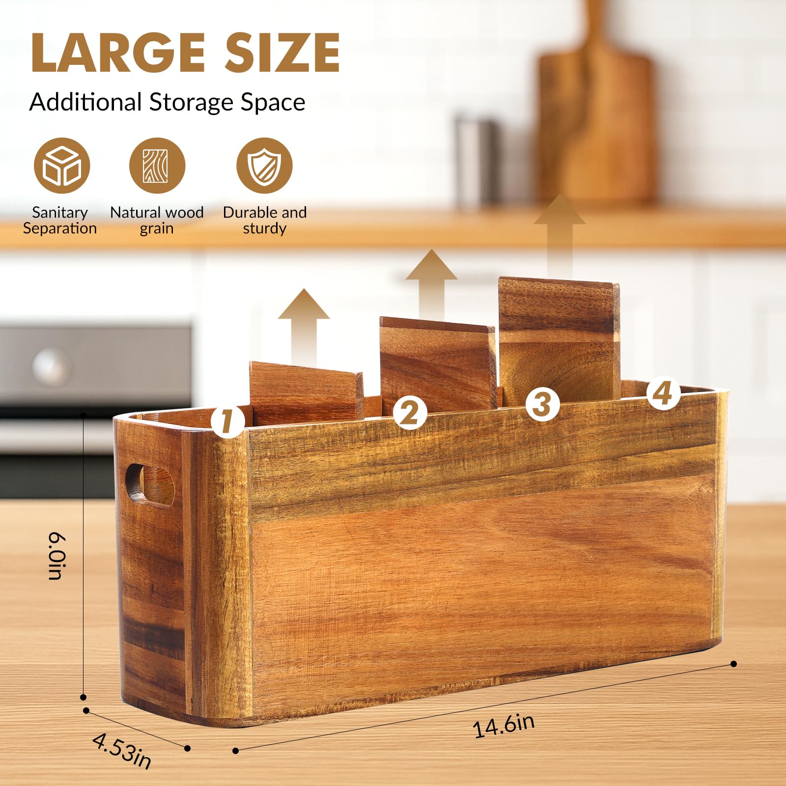 Rodelna four-compartment acacia utensil holder for cooking tools and gadgets.