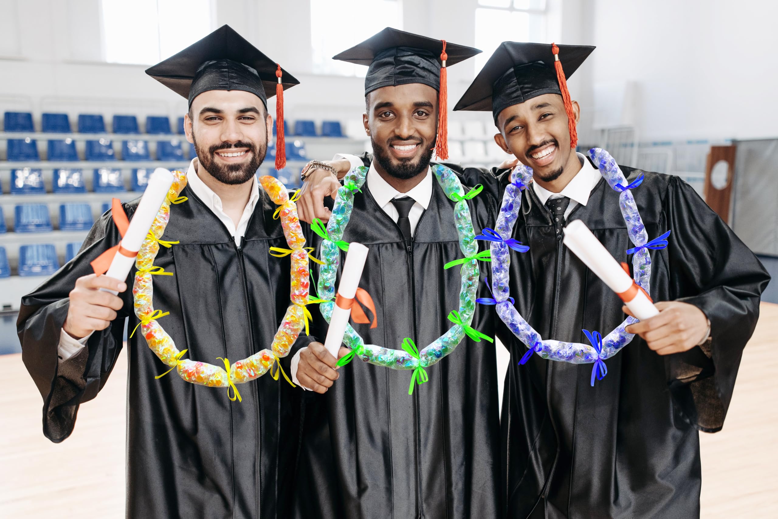 Rodudu Candy Lei Kit blue-yellow-green ribbon rolls add festive accents for graduation leis.
