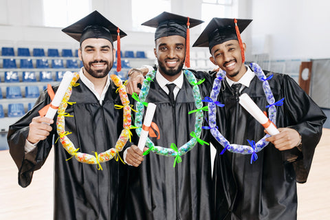 Rodudu Candy Lei Kit blue-yellow-green ribbon rolls add festive accents for graduation leis.