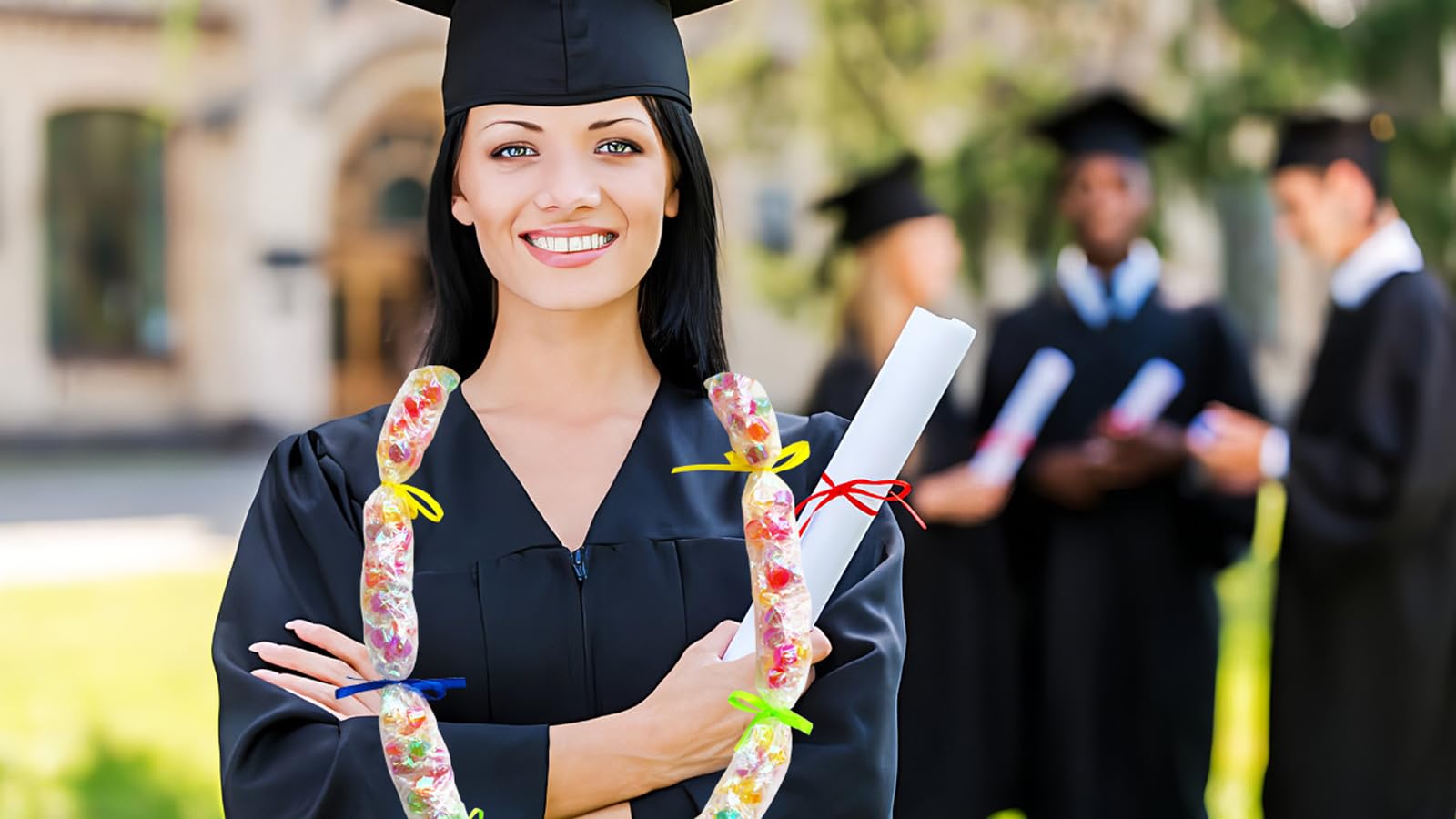 Rodudu Candy Lei Kit filling treats into tubing for personalized graduation favors.