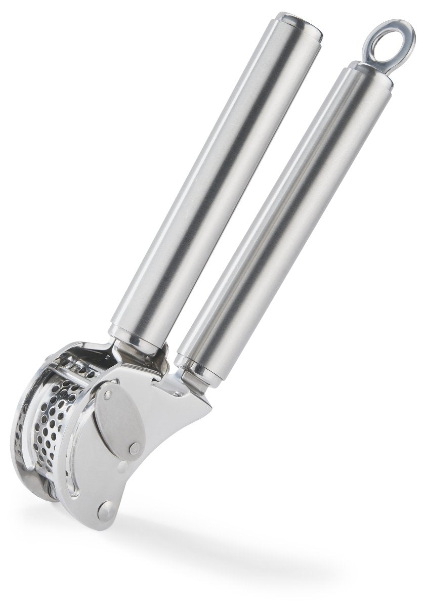 Rösle garlic press close-up shows ergonomic handle for easy leverage and quick mincing.