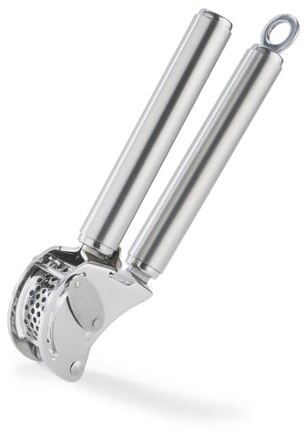 Rösle garlic press close-up shows ergonomic handle for easy leverage and quick mincing.