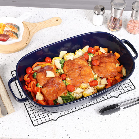 Roeveca ceramic baking pan 16x11in blue, side view for versatile baking