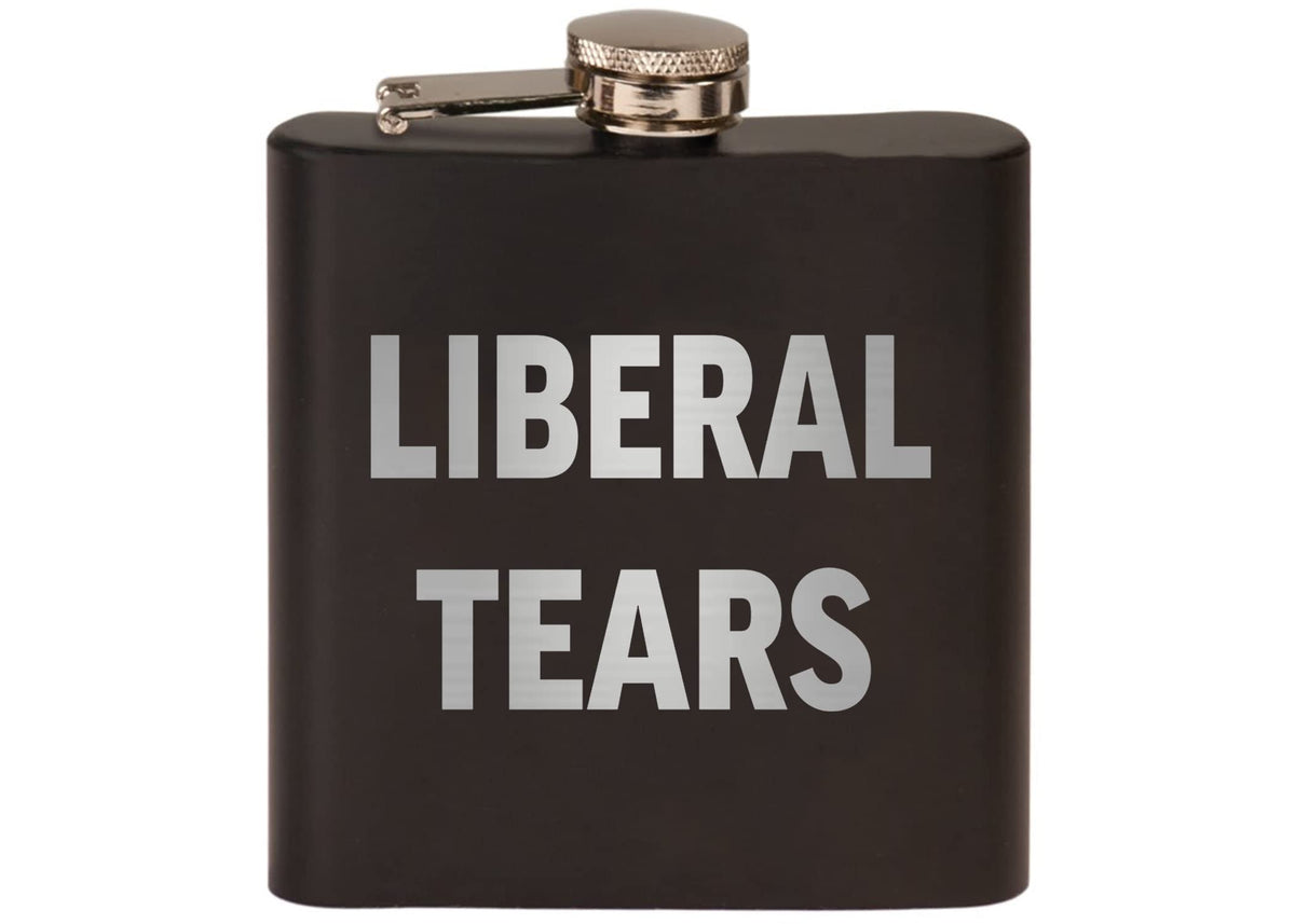 Rogue River Tactical Liberal Tears hip flask in matte black, rugged and pocket-ready.