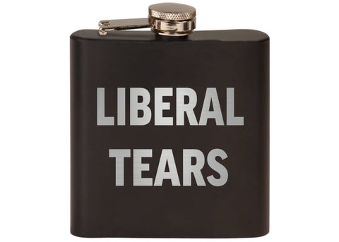 Rogue River Tactical Liberal Tears hip flask in matte black, rugged and pocket-ready.