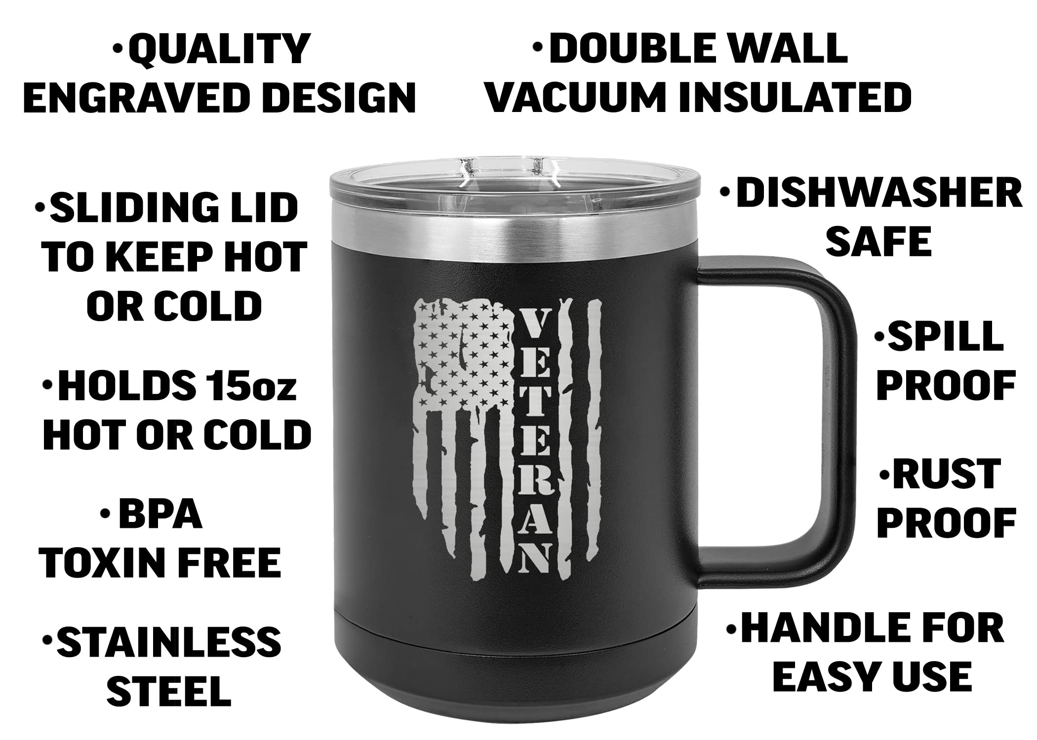 Rogue River Tactical veteran stainless steel mug shows rugged durability for outdoor use