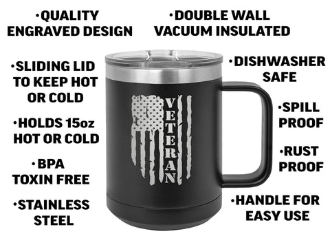 Rogue River Tactical veteran stainless steel mug shows rugged durability for outdoor use