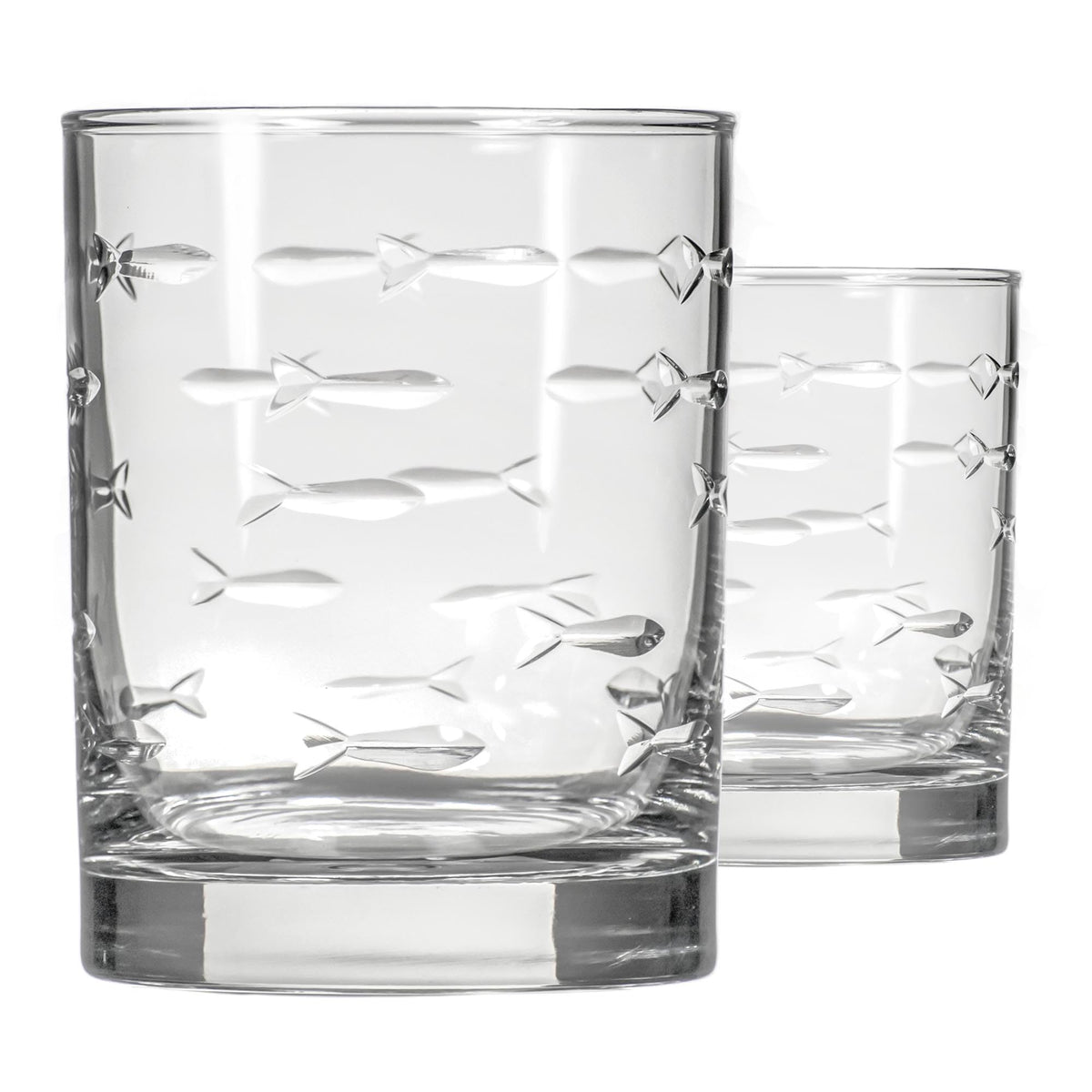 Rolf Glass School of Fish etched double old-fashioned glass for whiskey and cocktails