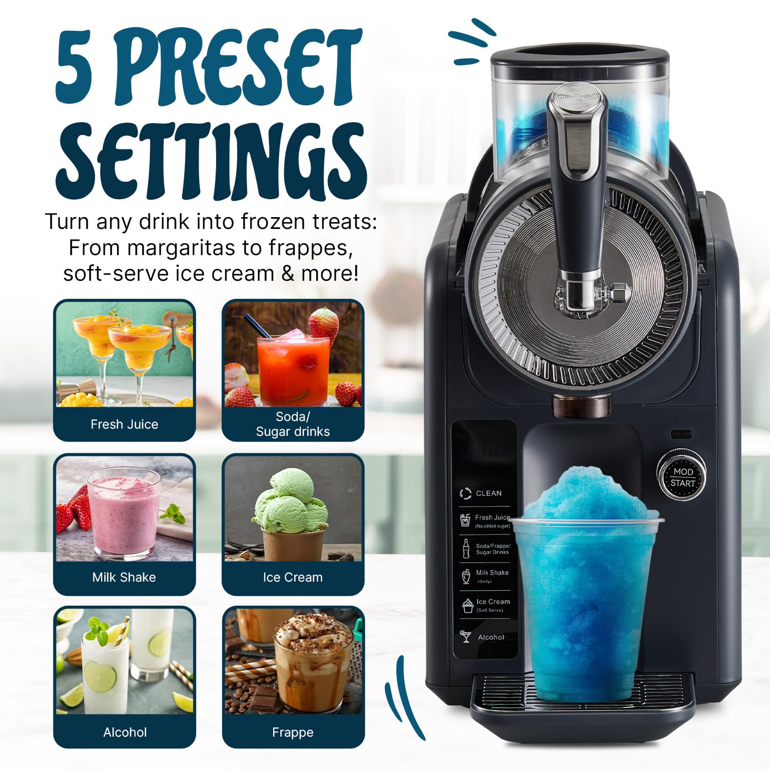 Roman Ventures slushie machine built-in freezing system eliminates ice prep.