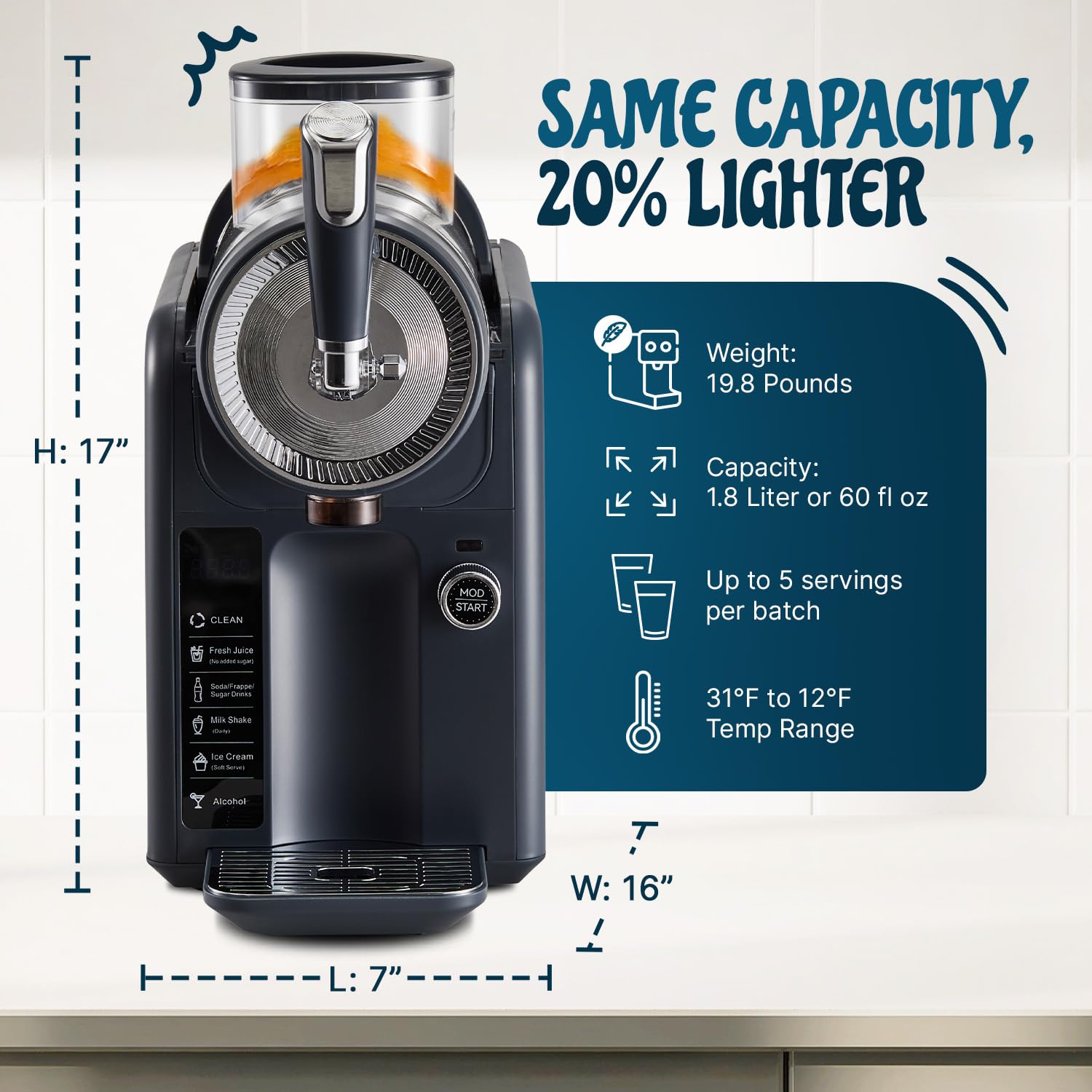 Roman Ventures slushie machine capacity one point eight liters supports up to five servings.
