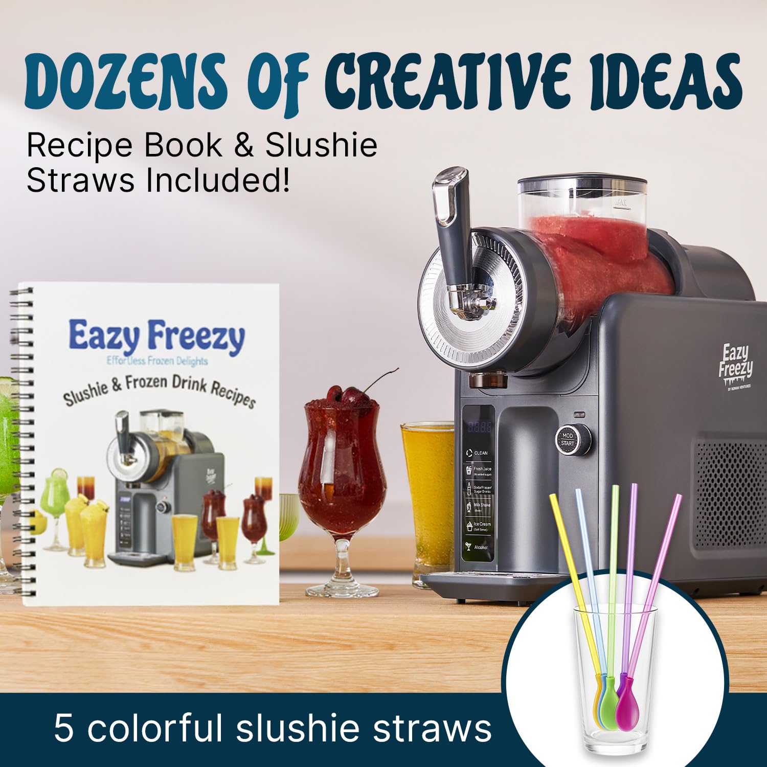 Roman Ventures slushie machine dishwasher-safe parts for easy cleaning.