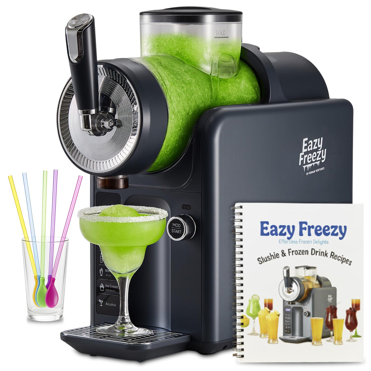 Roman Ventures slushie machine front view showing ice-free drinks for home use.