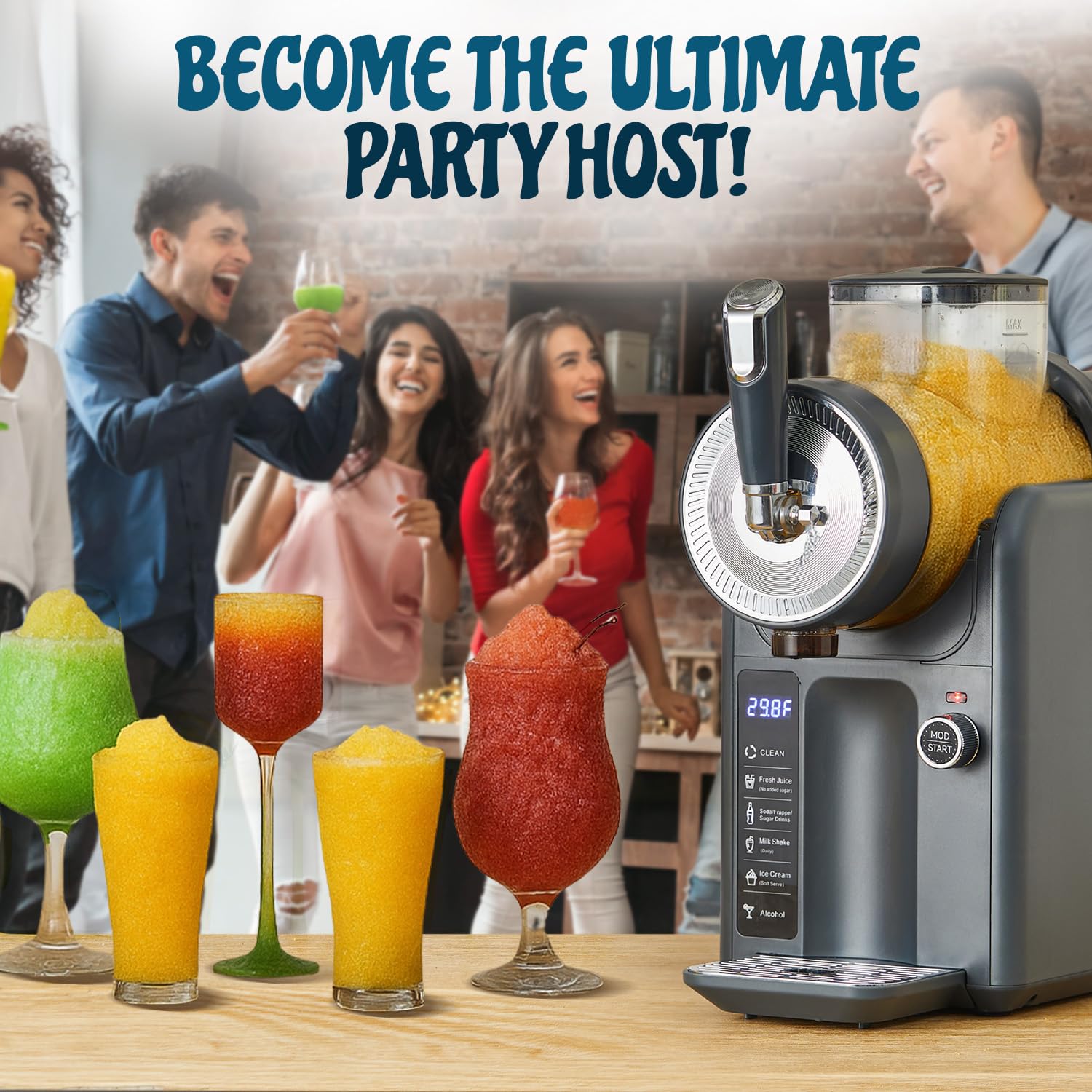 Roman Ventures slushie machine five presets for margaritas, juices, frappes, and more.