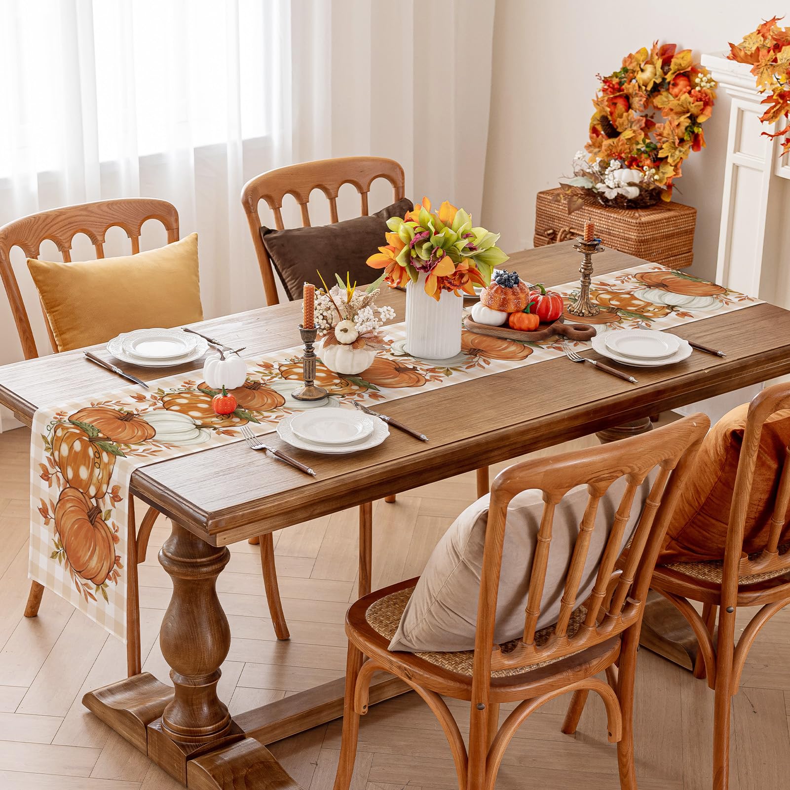 Romanstile buffalo plaid dining table runner complements harvest decor.