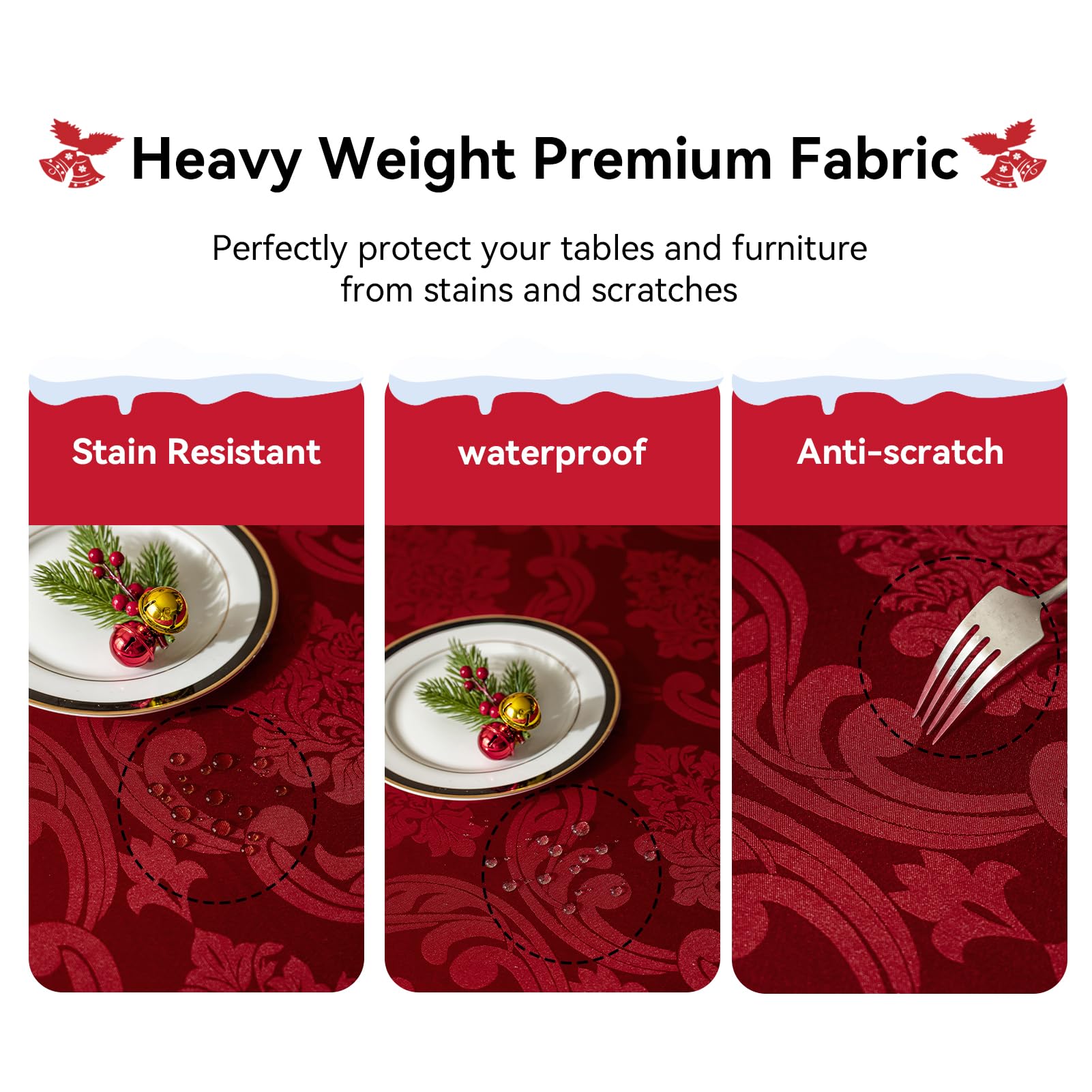 Romanstile easy-care tablecloth resists stains and handles busy holiday cleanup.