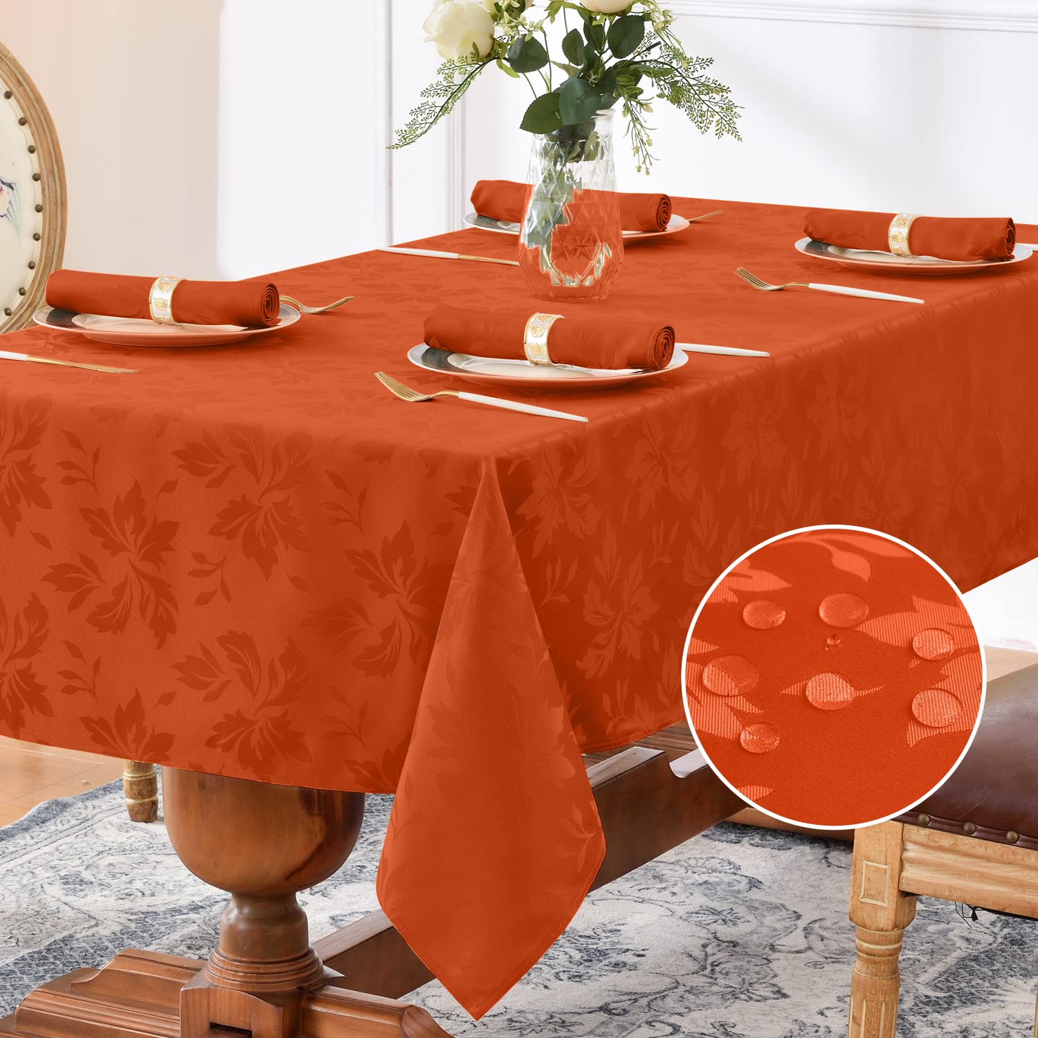 Romanstile jacquard tablecloth floral-autumn pattern elevates dining ambiance.