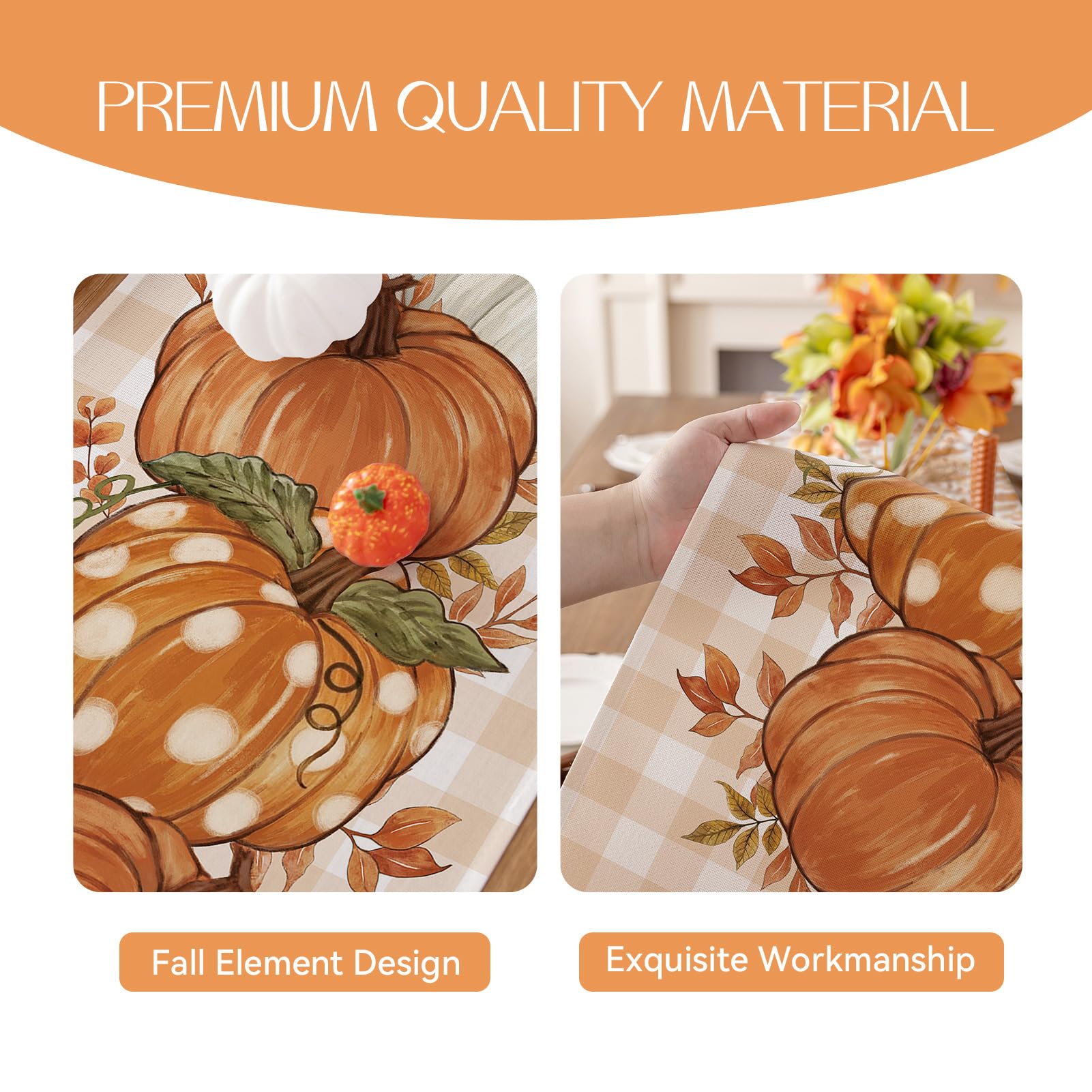 Romanstile pumpkin plaid fall runner enhances seasonal centerpiece display.