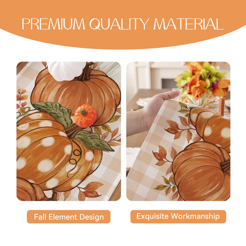 Romanstile pumpkin plaid fall runner enhances seasonal centerpiece display.