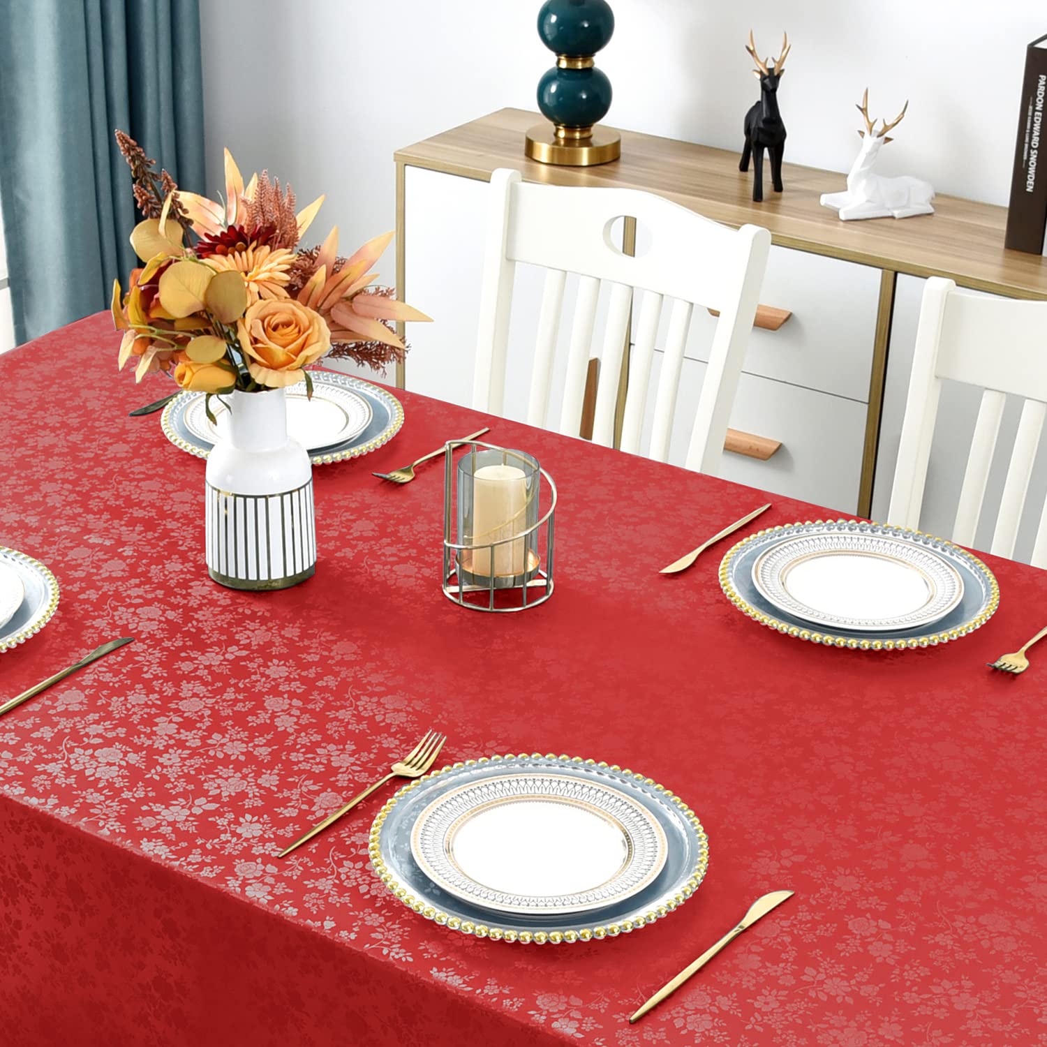 Romanstile Rose Red vinyl tablecloth 60x84 is oil-proof and stain resistant for daily meals.