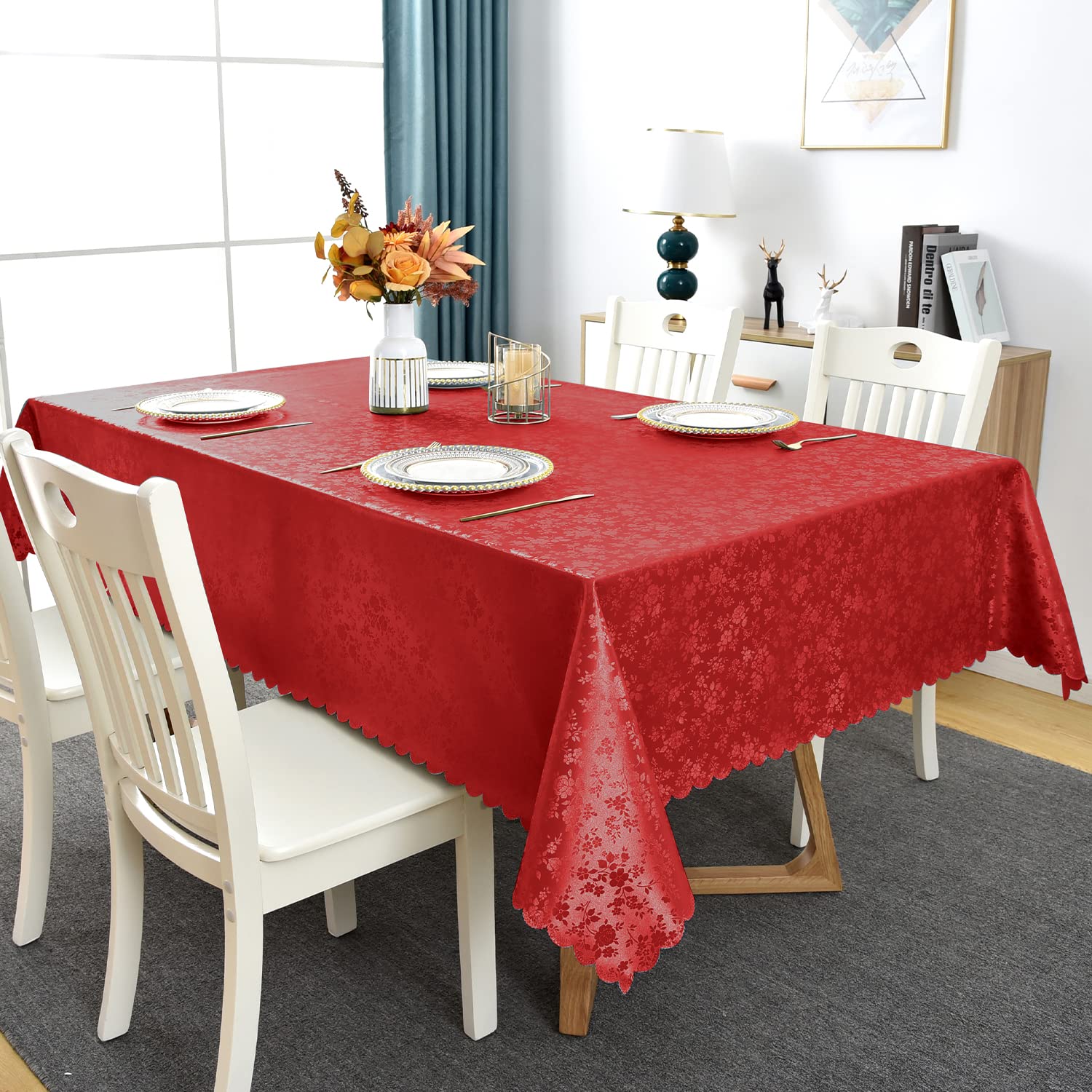 Romanstile Rose Red vinyl tablecloth 60x84 with scalloped edges for refined decor.