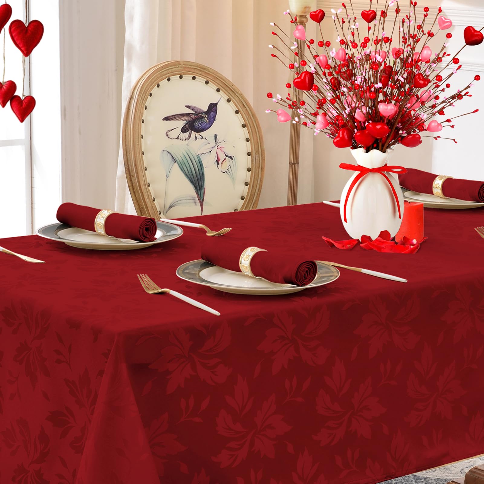 Romanstile Valentine jacquard tablecloth demonstrates waterproof finish for quick cleanup