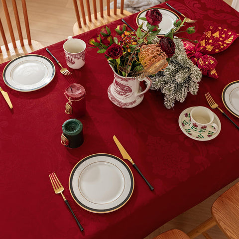 Romanstile waterproof damask tablecloth beads liquids for quick cleanup.