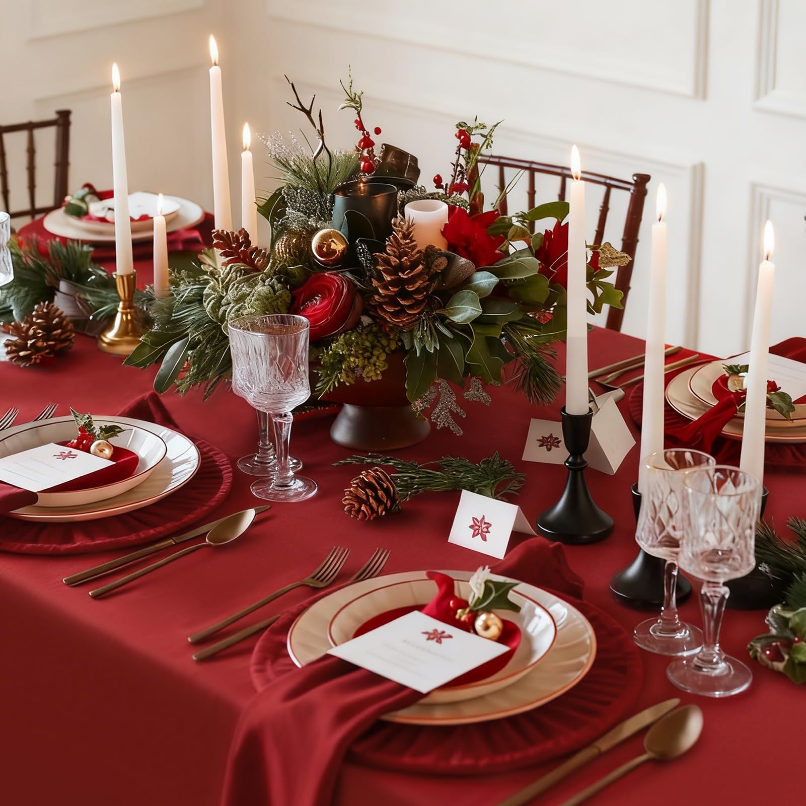Romanstile wrinkle-resistant polyester tablecloth maintaining a crisp look.